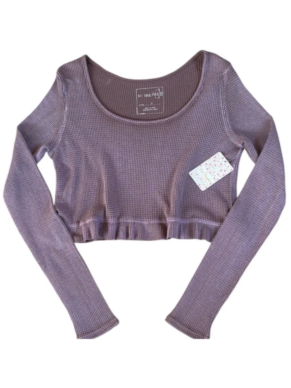 NWT Free People Long Sleeve Waffle Knit Ruffled Crop Top Size Small